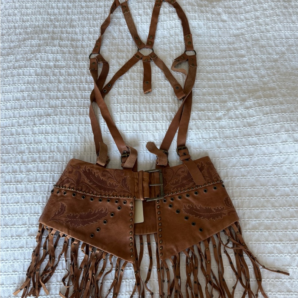 Haute Hippie Brown Leather Fringe Studded Waist Belt - Picture 4 of 6